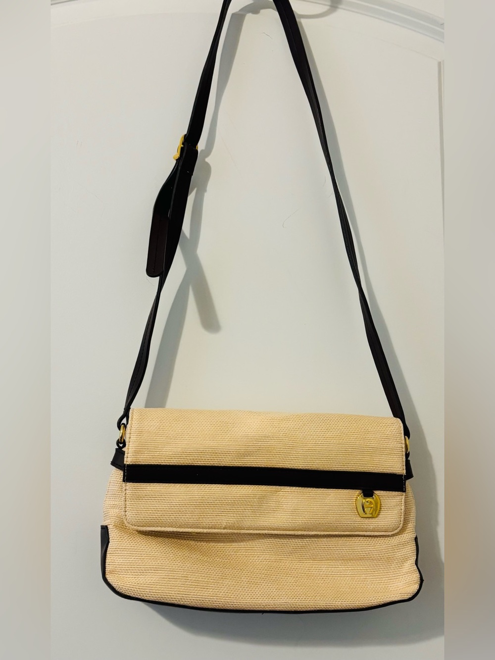 VTG Etienne AIGNER Tan Paper Straw Shoulder Bag Adjustable Multiple Compartments